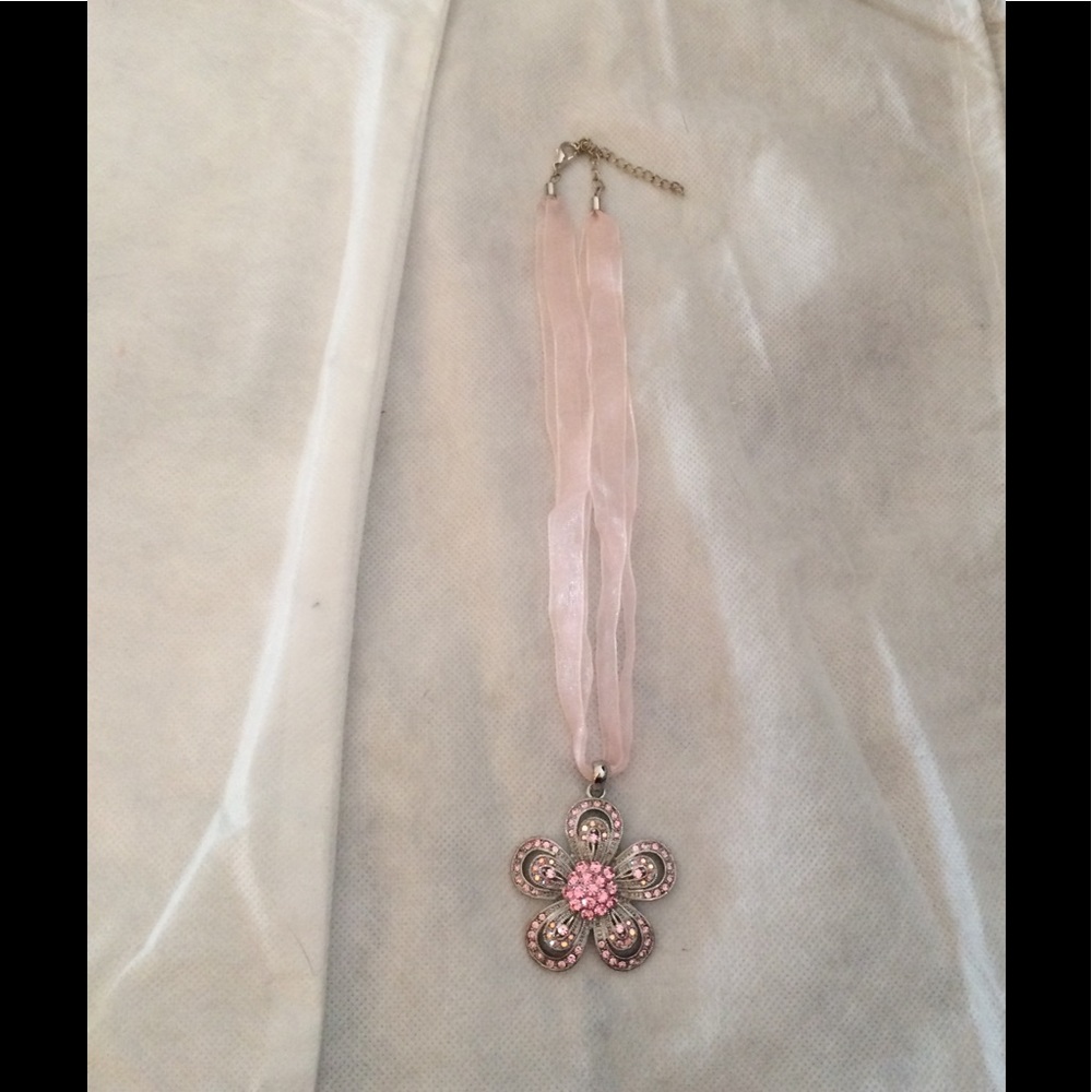 Pink Rhinestone Silver Flower Ribbon Necklace